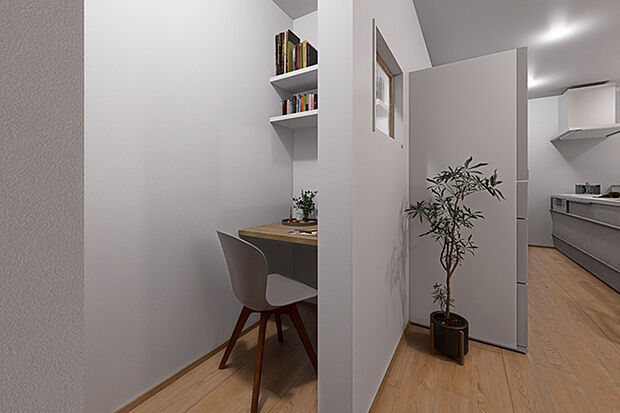 【書斎スペース】在宅ワークや学習にちょうどいい、落ち着いた書斎スペース。生活空間とゆるやかにつながりながらも、集中できる環境を確保しています。※画像はハイスペックＣＧにて作成したイメージです。