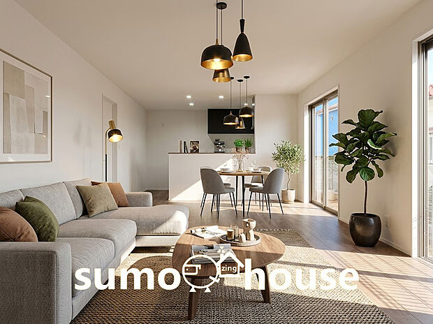 南側に大きなスペースを確保することで、LDKには一日中柔らかな光が満ち溢れます 。(家具等はCGです)