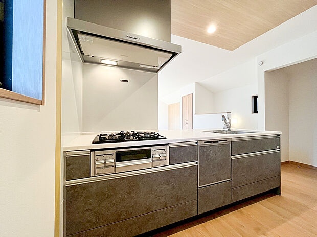 シックで高級感のあるデザインが目を引くシステムキッチン。人造大理石カウンターを採用しお手入れのしやすさと美しさを両立しました。忙しい毎日に嬉しい食洗機や浄水器一体型のハンドシャワー水栓も完備。