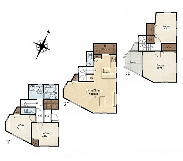 シックな外装の内側には、21畳超のLDKや豊富な収納が広がる機能的な空間が眠っています。パントリーやSICなど、外観のスマートさを崩さない優れた収納計画が魅力です。