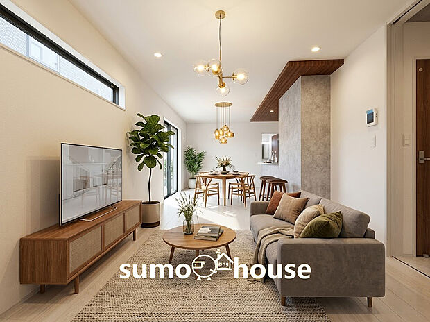 無駄のないシンプルで機能的な間取りが、毎日の生活をスムーズにしてくれます。壁面にはスリット窓や高窓をバランスよく配置し、プライバシーを守りながらも明るさと通風をしっかり確保。(家具等はCGです)