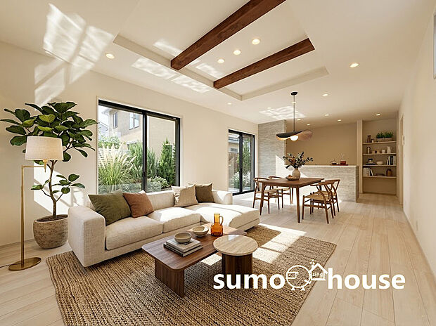 【リビング】リビング全体を見渡せるカウンターキッチン 。お料理中も家族とのコミュニケーションが途切れません。白を基調とした空間に、モダンなキッチンデザインとダウンライトの照明が高級感を演出 。(家具等はCGです)