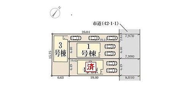 【全体区画図】３区画分譲開始しました！
３号棟は３台♪