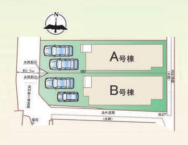 【全体区画図】全２区画の分譲！建物完成！カースペース２台確保で自転車や大型バイクも駐車可能♪