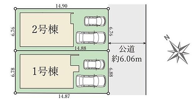 【全体区画図】２区画分譲開始しました！
前面道路広々♪駐車もラクラク♪