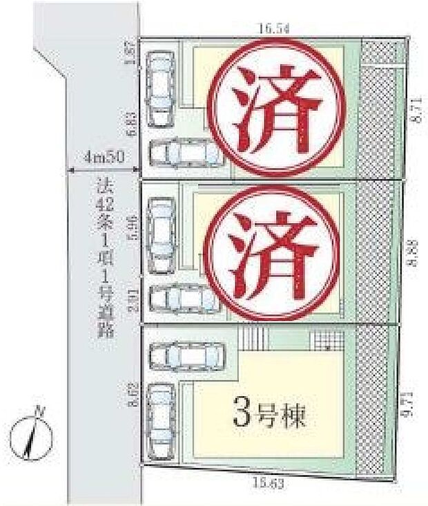 全3棟のうち残り2棟、整備された4ｍ公道に面する前面道路にある現地は、お車の出し入れも楽々です。季節感を演出する多彩な樹木と豊かな彩りが重なり、四季折々の変化を楽しめる心地よい場所となることでしょう。