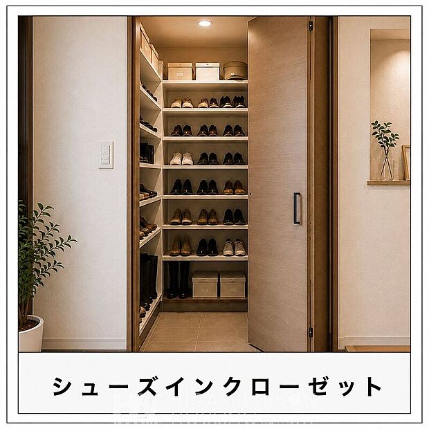 【その他設備】靴はもちろん、傘やベビーカー、アウトドア用品なども収納できるシューズインクローゼット付き。玄関をすっきり保てます。※掲載画像はイメージであり、実際の設備・仕様・形状とは異なる場合があります。