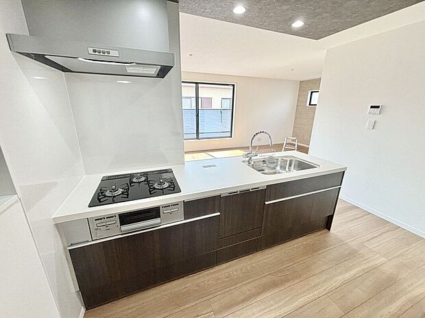 ゆったりとした広さのあるキッチン。ご夫婦で一緒に並んで洗い物できる大きさです。水栓はデザイン性も高く使い勝手の良いと人気のグースネック型を採用。