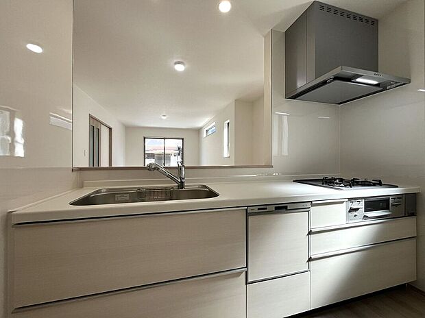 人工大理石カウンタートップ・ガラストップコンロを採用しており、お掃除ラクラク。浄水器付きハンドシャワー水栓など、奥様に嬉しい機能がたくさん!