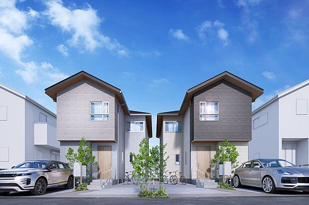 ■全体外観(パース)いつまでも飽きのこない、愛着を感じる家となるよう、均整の取れたシルエットと、自然な色合いのデザインを施しています。2台駐車可能です(車種による)