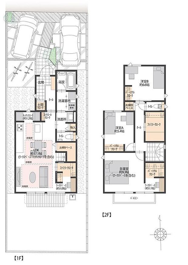 【3LDK】ファミリークローク、キッチンクローク、土間クロークなど、収納が充実しています。主寝室にはワークスペースがあり、テレワークや読書のスペースなどにご活用いただけます。