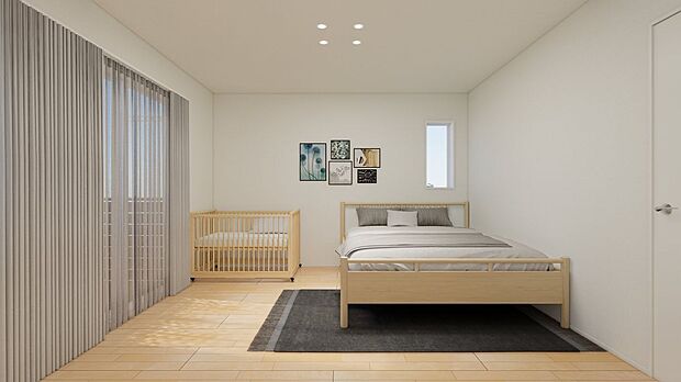 【完成予想図（内観）】■1号地主寝室（パース）落ち着いた雰囲気の主寝室は約9.3帖（ワークスペース含む）あります。パーソナルクロークを備えており、廊下にはファミリークロークもございます。