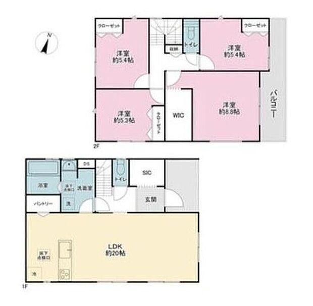 1・2号棟間取り共通
1Ｆ：52.99m2　2Ｆ：56.31m2　地下車庫：31.07m2