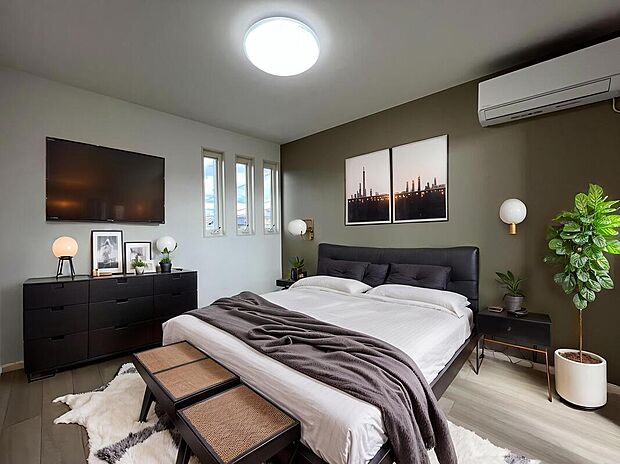 【9号地　主寝室】頭元の小さな窓が、朝の目覚めを良くしてくれそうです。