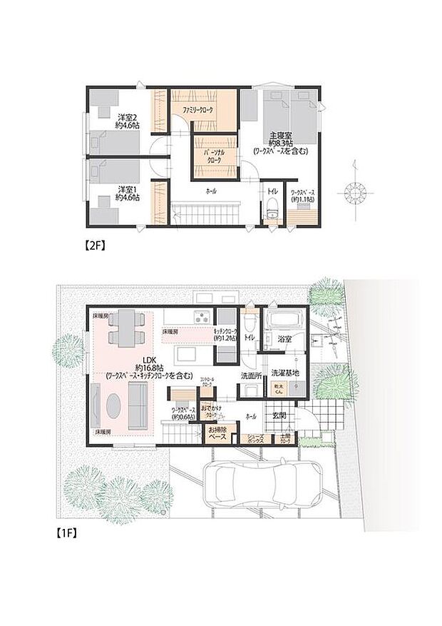 【3LDK】約16.8帖（ワークスペース・キッチンクローク含む）の南向きLDK。LDには床暖房が備えられています。ファミリークローク・パーソナルクローク・土間クロークなど収納も充実した、機能的な間取りです。