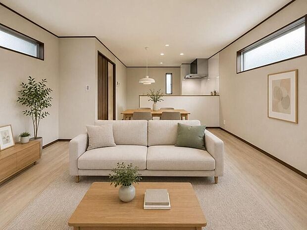 【リビングダイニング】シンプルなデザインの家は風情がある。住む人のこだわりを感じる。外観も内装もいたってシンプル。居心地がよく、家事や趣味、子育てなどにも集中できる。※家具はイメージです。