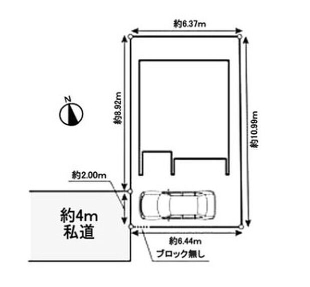 【区画図】南向きの邸宅は住宅に遮られることなく光をいっぱい室内に取り込め、明るく開放的な空間に。駐車スペースは1台分確保し、休日のカーライフも楽しめます。