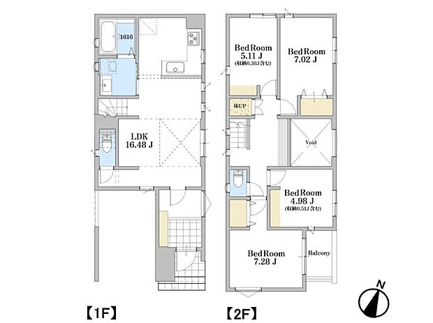 2号棟【間取り図】16.48帖の広々としたLDKが魅力の2階建て住宅。2階には洋室4部屋を配置し、収納スペースやバルコニーも備えた4LDKの間取りです。