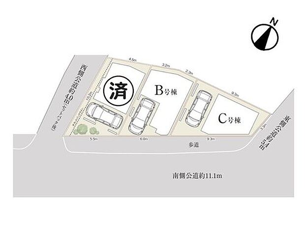 【全体区画図】南側約11m公道に面した開放感ある区画。駐車1台可能で、前面道路も広くお車の出し入れもスムーズに行えます。