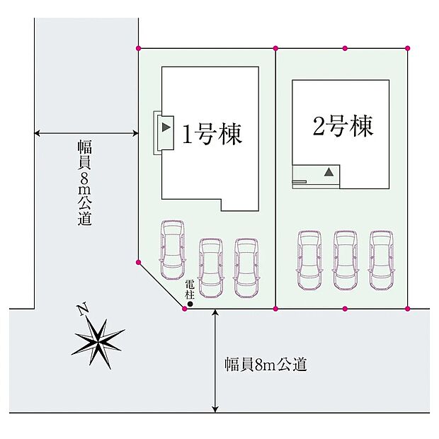 【全区画図】 開放感のある、南側幅員8m公道接道!カースペースも3台あり、駐車も楽々ですね♪