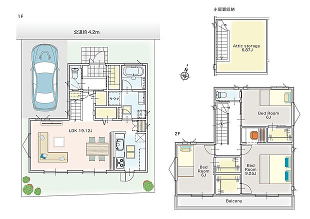 【7号棟】
居室の収納に加え、固定階段で上がる小屋裏収納を設けた間取り！
コンパクトサイズのサウナを設置予定です♪
