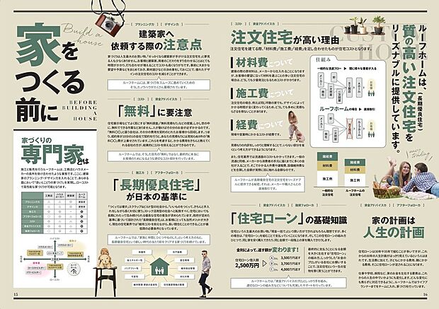 【家づくりで失敗しないための基礎知識】家づくりを始める前に知っておきたいポイントを分かりやすく解説。建築家への依頼時の注意点やコストの考え方、長期優良住宅の基準、住宅ローンの基礎知識まで幅広くサポートします。ルーフホームでは専門スタッフが一つひとつ丁寧にご説明し、初めての家づくりでも安心して進められる体制を整えています。