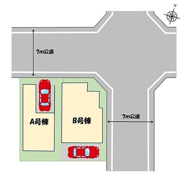 ≪全体区画図≫カースペース１台分完備！（※車種による）前道路7ｍで駐車楽々♪