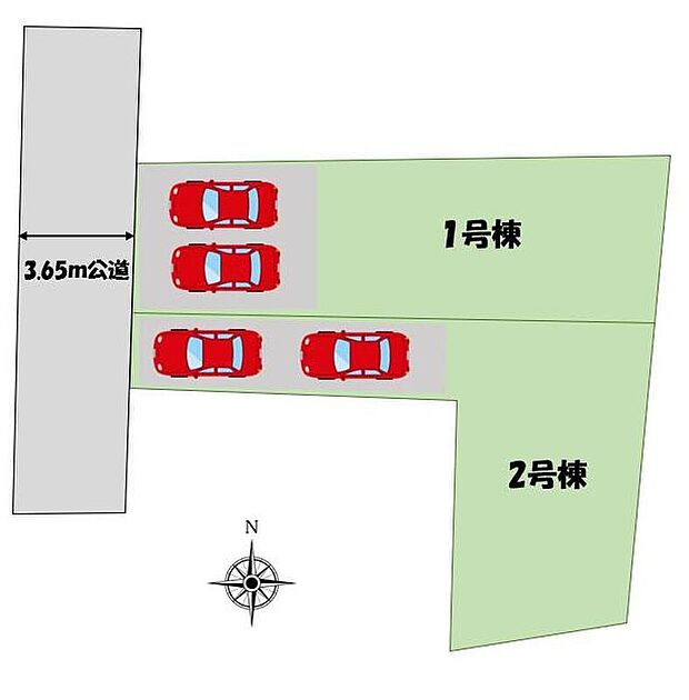 カースペース2台!1号棟は並列駐車可能!前面道路は交通量が少ないので、駐車も安心ですね!