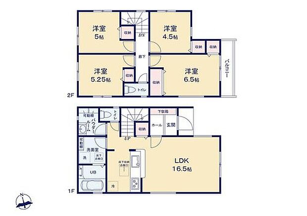 【4LDK】キッチン・洗面所・浴室の水回りがまとまった機能的なレイアウト。調理しながら洗濯機を回したり、お風呂掃除をしたりの「ながら家事」で、家事の時短を実現できそうです♪