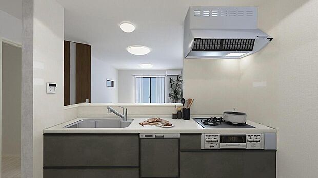 【完成予想図(内観)】対面式キッチンからは、リビングにいるご家族の様子が一目で分かります☆※図面を基に描き起こしたもので、実際とは多少異なる場合がございます。