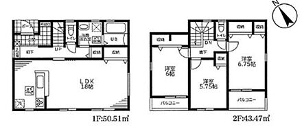 広々18帖のLDK！対面キッチンからはLDK全体を見渡せます♪洋室を2階に集約し、プライバシーにも配慮した間取りプラン。各居室には収納を完備！お部屋をスッキリとご使用いただけます♪ 