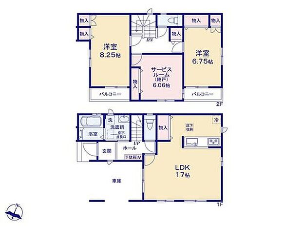【2LDK+S】【2階建てプラン　長期優良住宅】1階にワンフロアタイプのLDK、2階に2居室と納戸をレイアウト。家族の時間とひとりの空間の両方を大切にできそうです☆（ビルトイン車庫面積9.93m2）