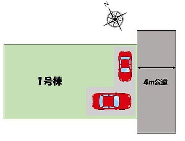 【全体区画図】カースペース2台(普通車1台+軽自動車1台、車種による)♪南東側道路に面しているので、陽当たり良好です♪