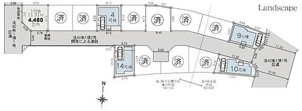【全体区画図】9、10号棟は日当たり良好な角地◎全邸カースペース1台分完備!(※車種による)