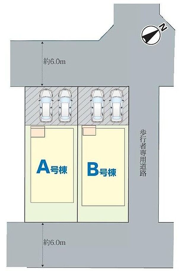 【全体区画図】
カースペース並列２台分ございます！家族分の自転車を駐輪したり、来客用の駐車スペースとしてもお使いいただけます♪