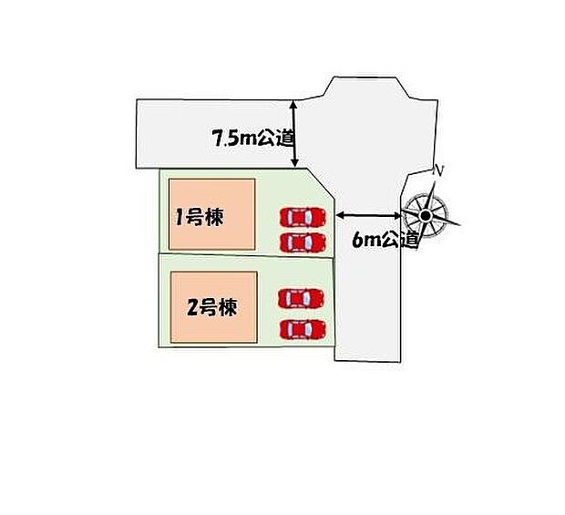 【全体区画図】カースペース2台分♪角地につき解放感あふれる2邸宅です♪