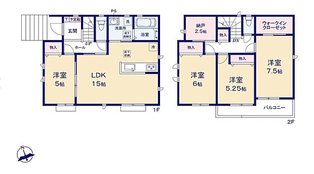 【4LDK+S】対面式キッチンからは、リビングにいるご家族の様子が一目で分かります。小さいお子様がいても安心です♪
主寝室には大容量収納の『ウォークインクローゼット』を設置!