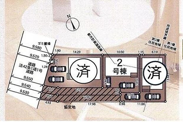 【全体区画図】車種により、カースペース2台分ございますので、家族分の自転車を駐輪したり、来客用の駐車スペースとしてもお使いいただけます♪