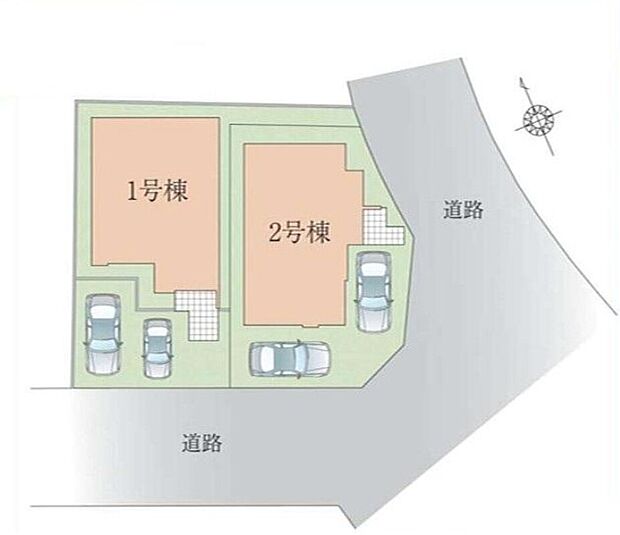 【全体区画図】南側約5.9ｍ公道、東側約5.9ｍ公道に接道
◎カースペース2台分（車種による）。自転車や来客用の駐車スペースとしてもお使いいただけます。