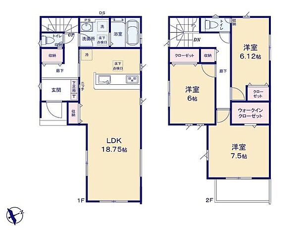 【3LDK】3面採光で陽当たり良好なLDKは広々18.75帖♪１，２階ホール収納付き、大容量のWIC完備で収納充実の間取り♪全居室６帖以上で、お部屋を広くお使いいただけます♪
