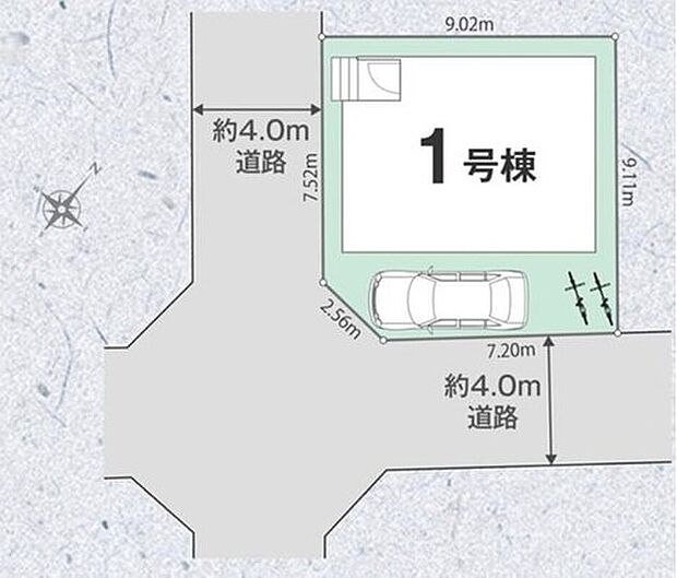 【≪区画図≫】南西角地♪前面道路交通量少なめ◎
カースペース1台駐車可能です。ご家族の自転車やバイクなどの駐輪スペースとしてもお使いいただけます！