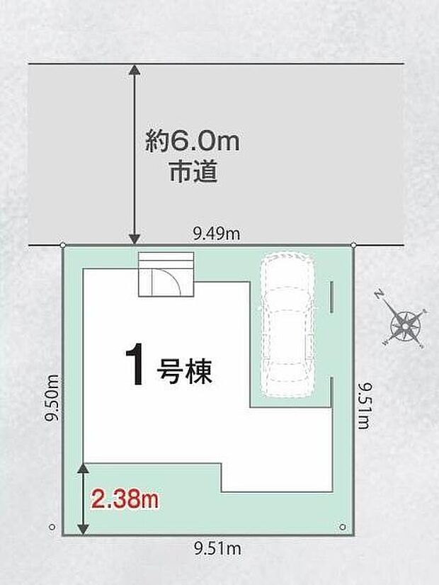 【全体区画図】◎前面道路6mで交通量少なめ。
◎ビルトインガレージ１台分（車種による）♪