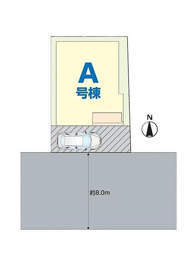 【全体区画図】前面道路は幅員8m。
カースペース1台分あり♪自転車の駐輪スペースとしてもご活用いただけます♪