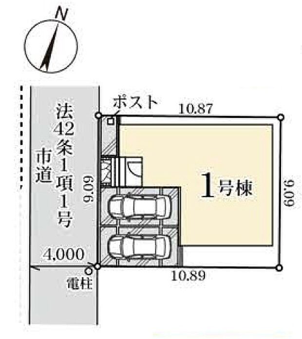 区画図です 建物や駐車スペース、前面道路の配置が分かりやすい区画計画です。住まいへの出入りや日当たりなどもあわせてご確認いただけます。