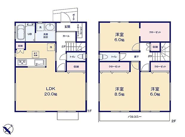 【3LDK】南向きに開けた広々LDK20帖♪家具レイアウトの幅も広がります！居室は6帖～8.5帖とゆとりある間取りプラン☆大容量クローゼット付きで衣類も小物もすっきり◎