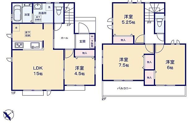 【4LDK】南向きの明るい４LDK♪15帖の開放感あふれるリビングです！水周り集中設計で家事動線がスムーズ◎全居室収納完備でいつでもすっきり片付くお住まいです♪