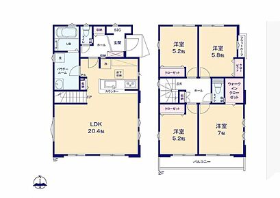 南向きに大きく開けた明るいLDKは20.4帖♪ベビーカーやアウトドア用品がしまえるシューズインクローク♪主寝室にはウォーキングクローゼット完備！お洗濯物がよく乾く南面バルコニー♪ 