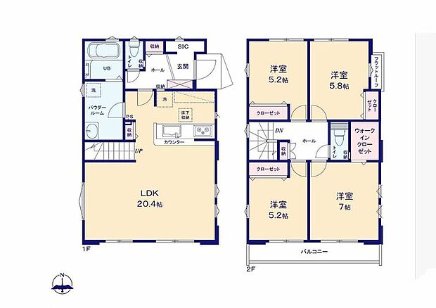 【4LDK】南向きに大きく開けた明るいLDKは20.4帖♪ベビーカーやアウトドア用品がしまえるシューズインクローク♪主寝室にはウォーキングクローゼット完備！お洗濯物がよく乾く南面バルコニー♪