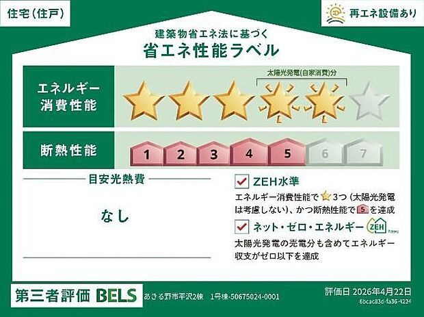 【【省エネ性能ラベル】】こちらの物件はZEH水準を満たした、省エネ性能に優れた物件です。　光熱費を抑えて暮らすことができるだけでなく、「熱の入りにくさ・逃げにくさ」という観点でも影響を受けにくい建物のため、長く快適にお過ごしいただけます♪　※本ラベルは特定の住戸の性能を示すものであり、全ての住戸の性能を示すものではありません。
