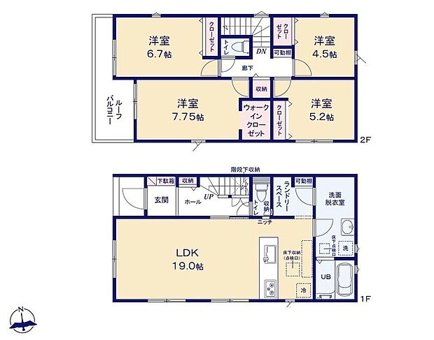 【4LDK】◇広々19帖のLDK！対面キッチンからはLDK全体を見渡せます♪◇ランドリースペース完備☆朝の混雑時も洗面室を同時に利用できます！◇水回りがまとまっているので忙しい奥さんには嬉しい間取りです。